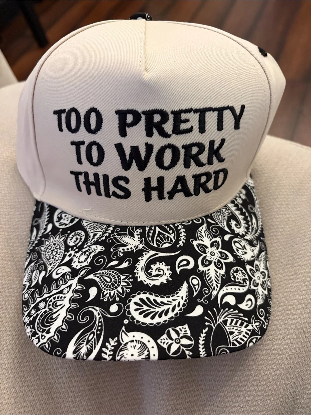 Zenana Outfitters Embroidered Trucker Hat - Cream & Black Paisley